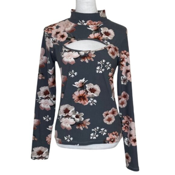 J for Justify Tops - J for Justify Women's Floral Cut-out Long Sleeve Mock Turtleneck Large fairycore